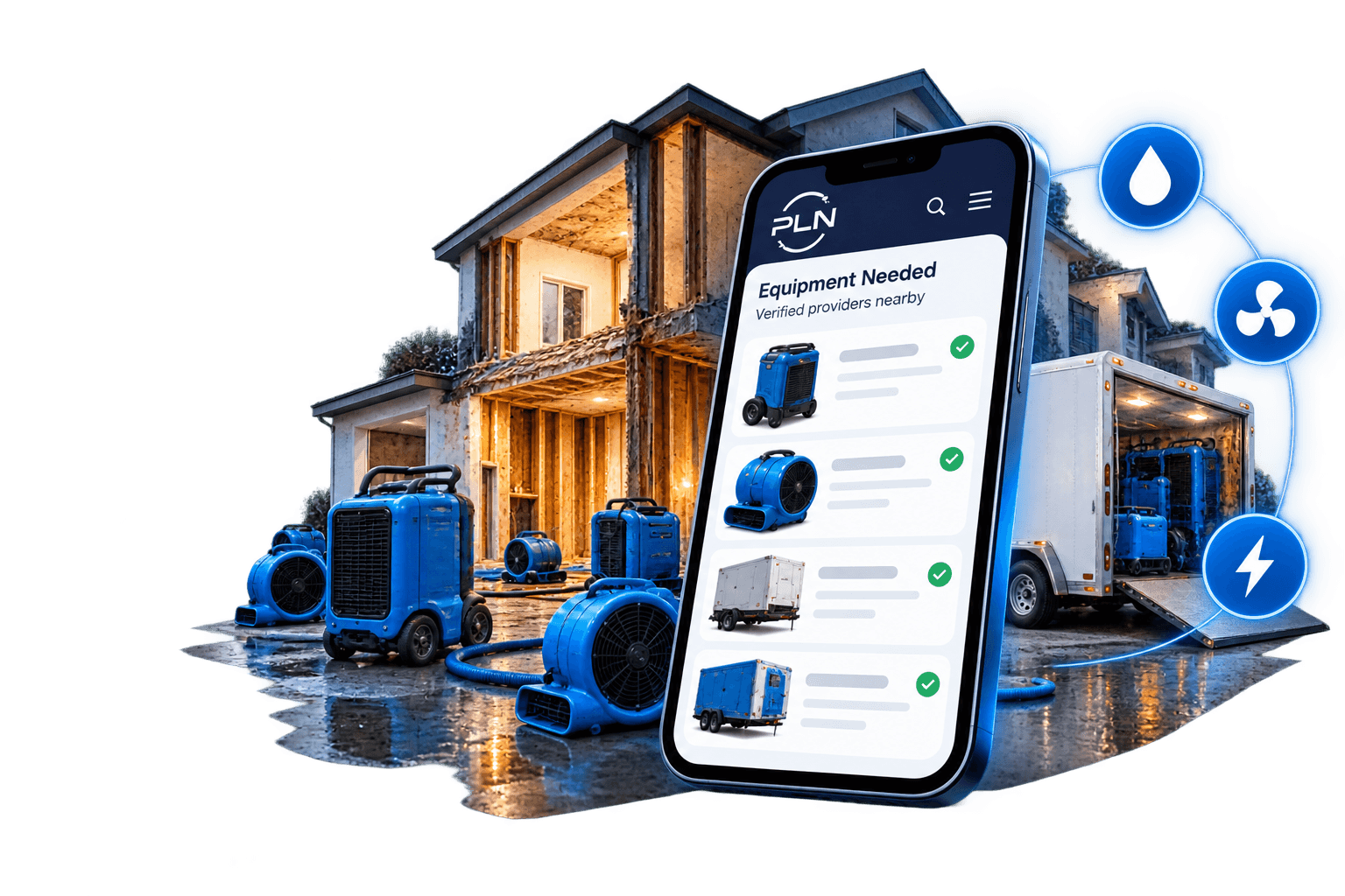 A phone showing a PLN request for drying equipment with verified providers nearby, in front of a water-damaged house with air movers and dehumidifiers staged outside