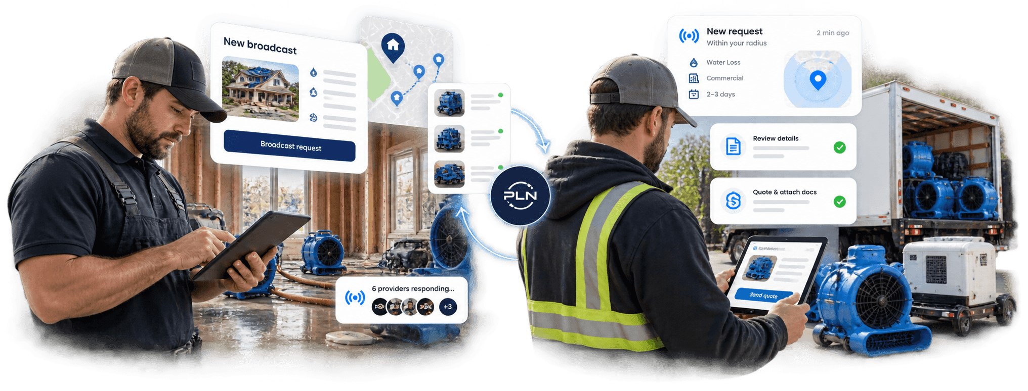 A contractor broadcasting a request from a tablet on a water loss, and a provider quoting from a truck full of air movers