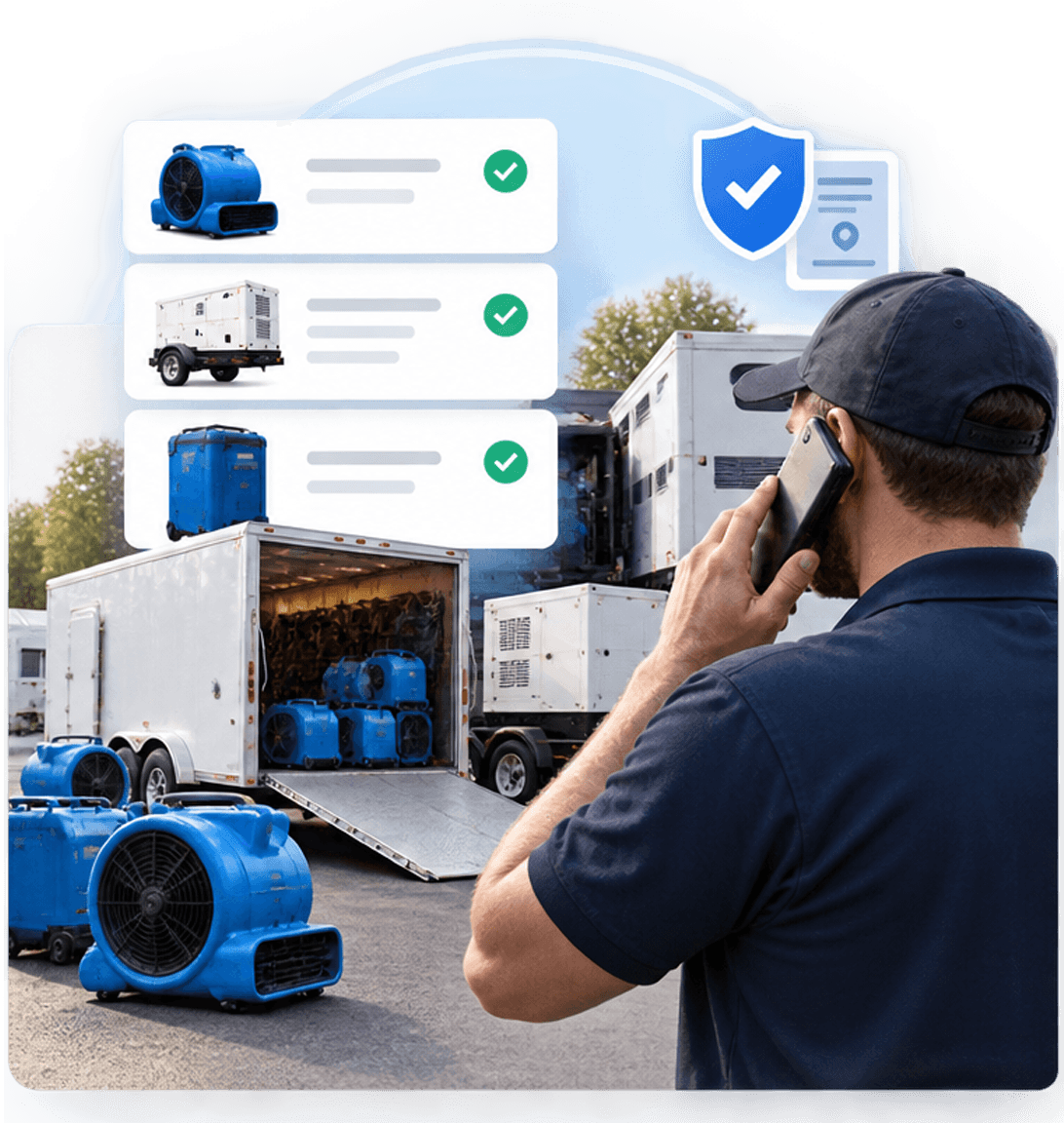 A provider on the phone beside a trailer loaded with air movers, with their verified equipment listed